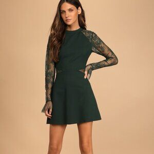 Lulus Bragging Rights Forest Green Lace Long Sleeve Skater Dress - Size S